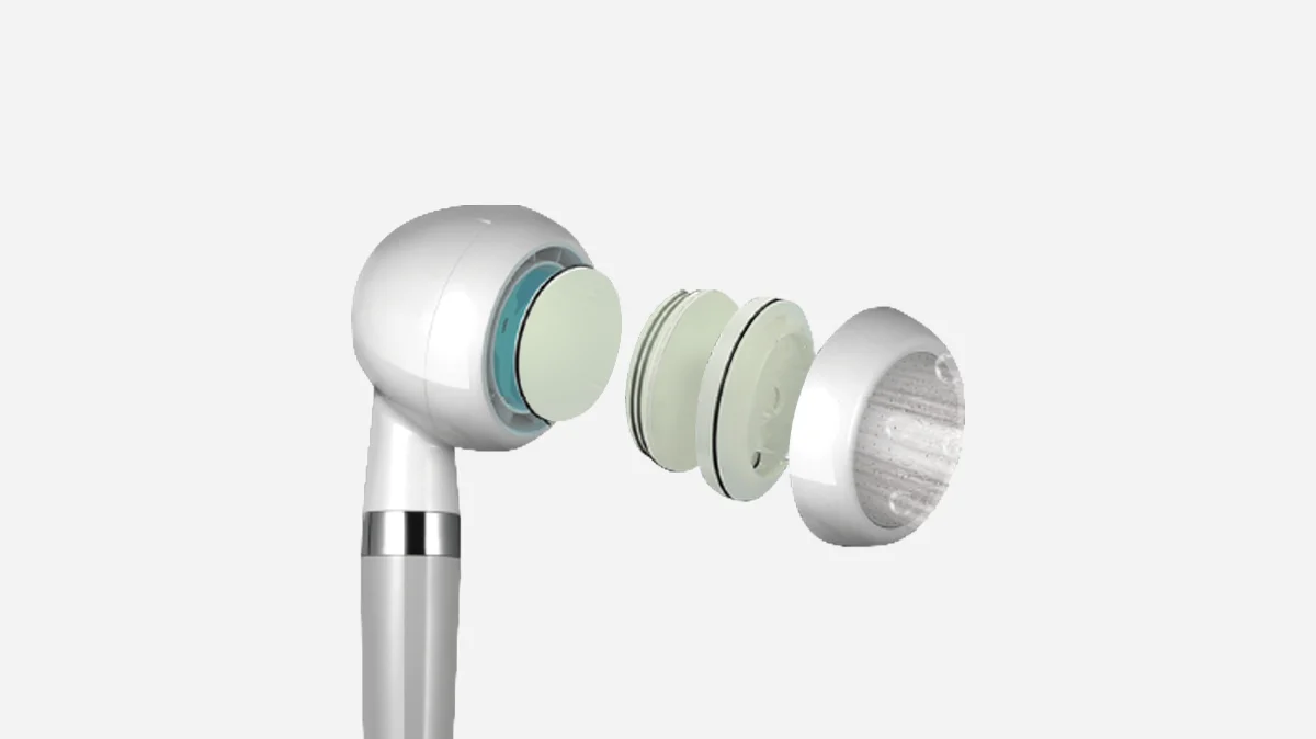 Exploded view of a shower head, showing its internal components including the filter and housing structure. (CWS-AO201W)
