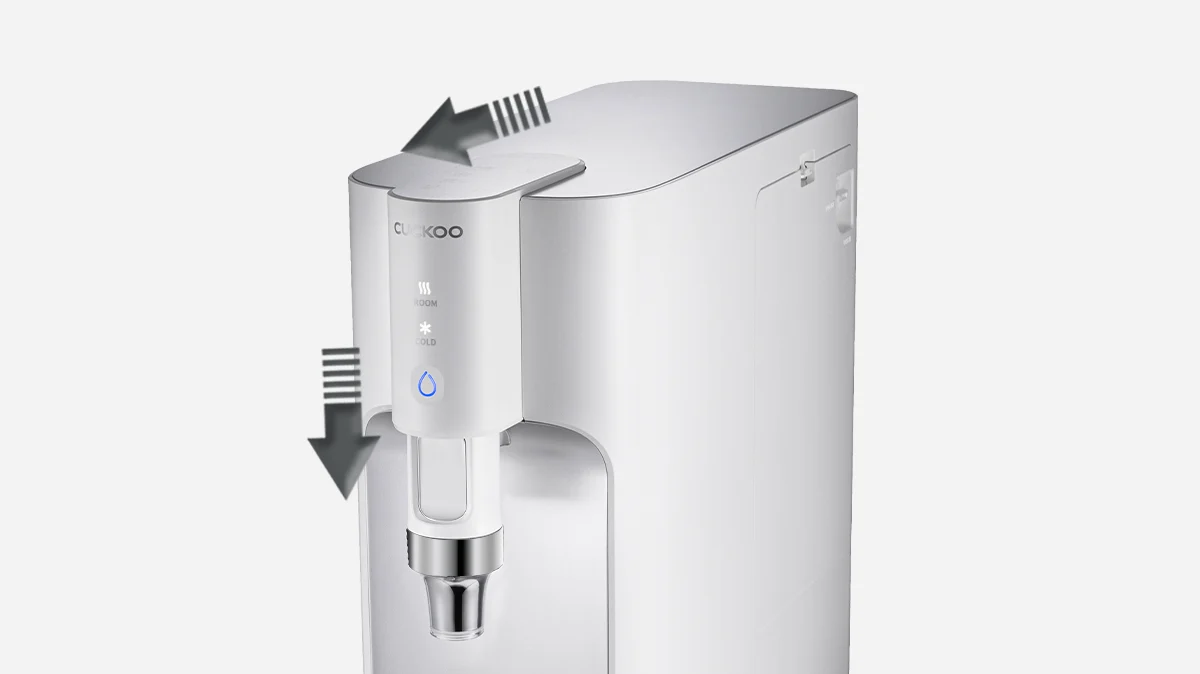 CUCKOO TN102 Water Purifier showing motion arrows for sliding the top cover back and adjusting the dispensing nozzle down. (cp-tn102)