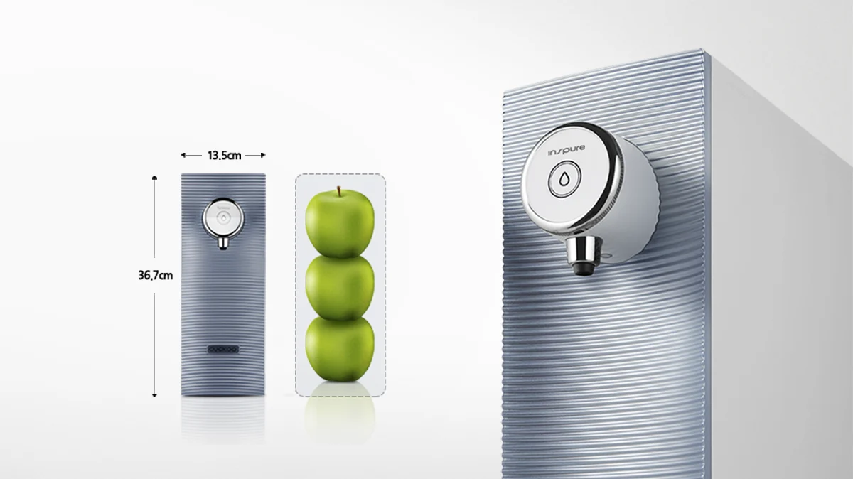 Fit Water Purifier in silver, illustrating its compact 13.5cm width and 36.7cm height compared to 3 stacked green apples. (CP-MN031)