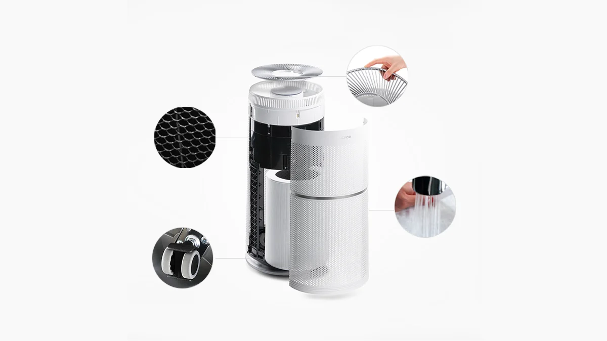 Exploded view of a CUCKOO air purifier showing its removable grill, honeycomb filter, caster wheels, and washable parts. (CAC-F3010FW)