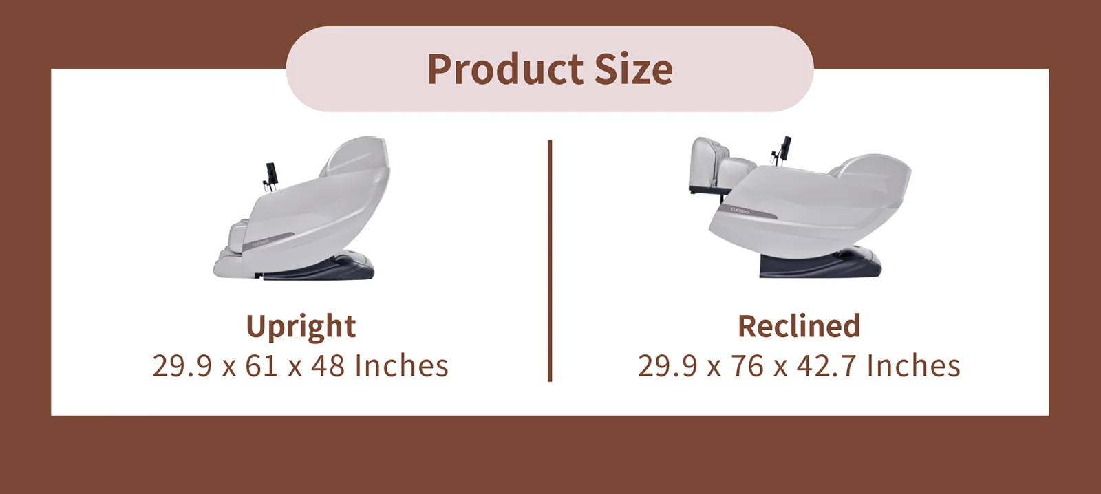 Product size comparison graphic showing a white massage chair in two positions: upright (29.9 x 61 x 48 inches), reclined (29.9 x 76 x 42.7 inches)
