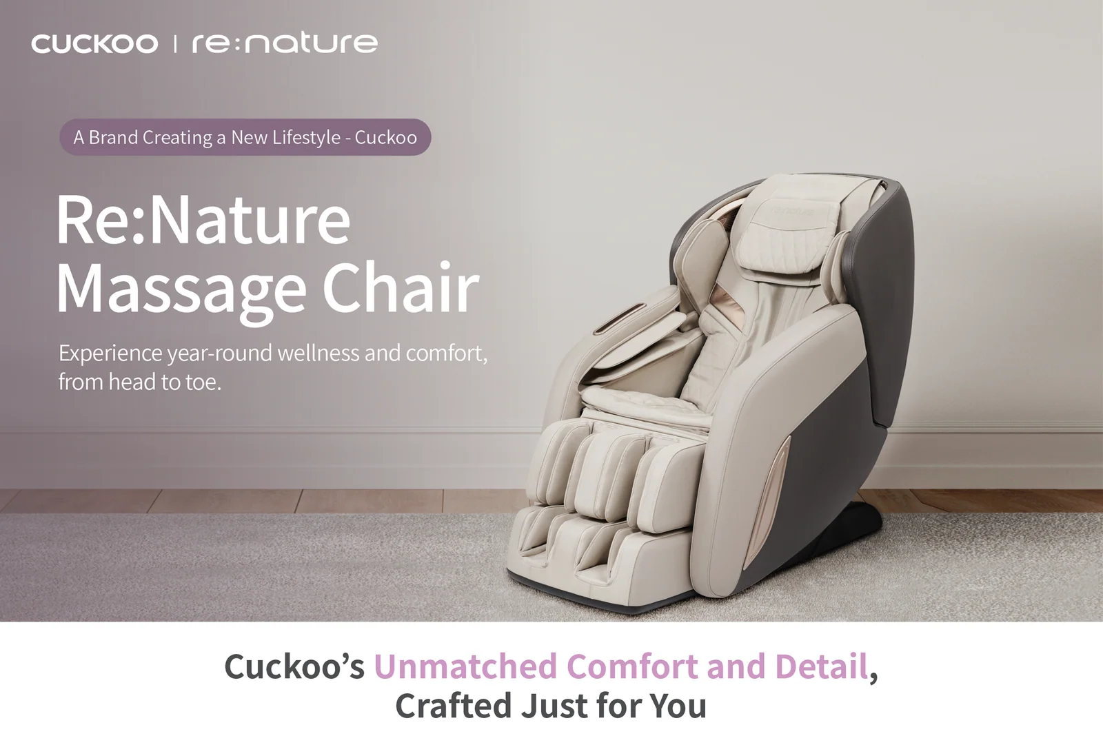 Cuckoo Re:Nature Massage Chair for unmatched comfort and detail, offering year-round wellness and comfort from head to toe. (CMS-D10SLGB)